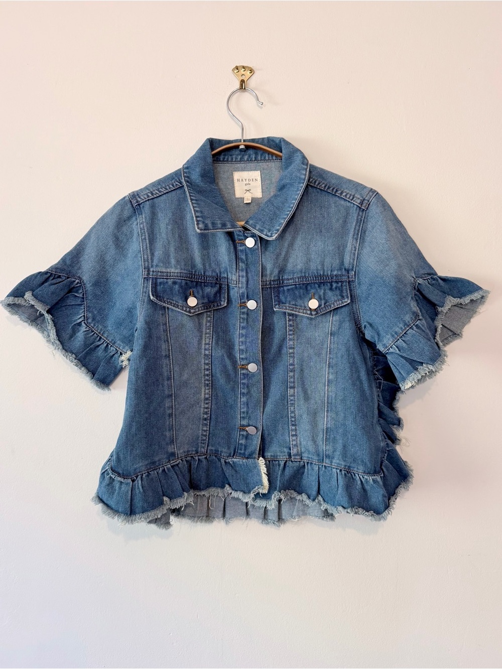 Hayden Girls Ruffle Hem Stone Wash Distressed Denim Jacket - L